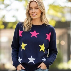 Lisa Todd Navy Sweater with Vibrant Stars